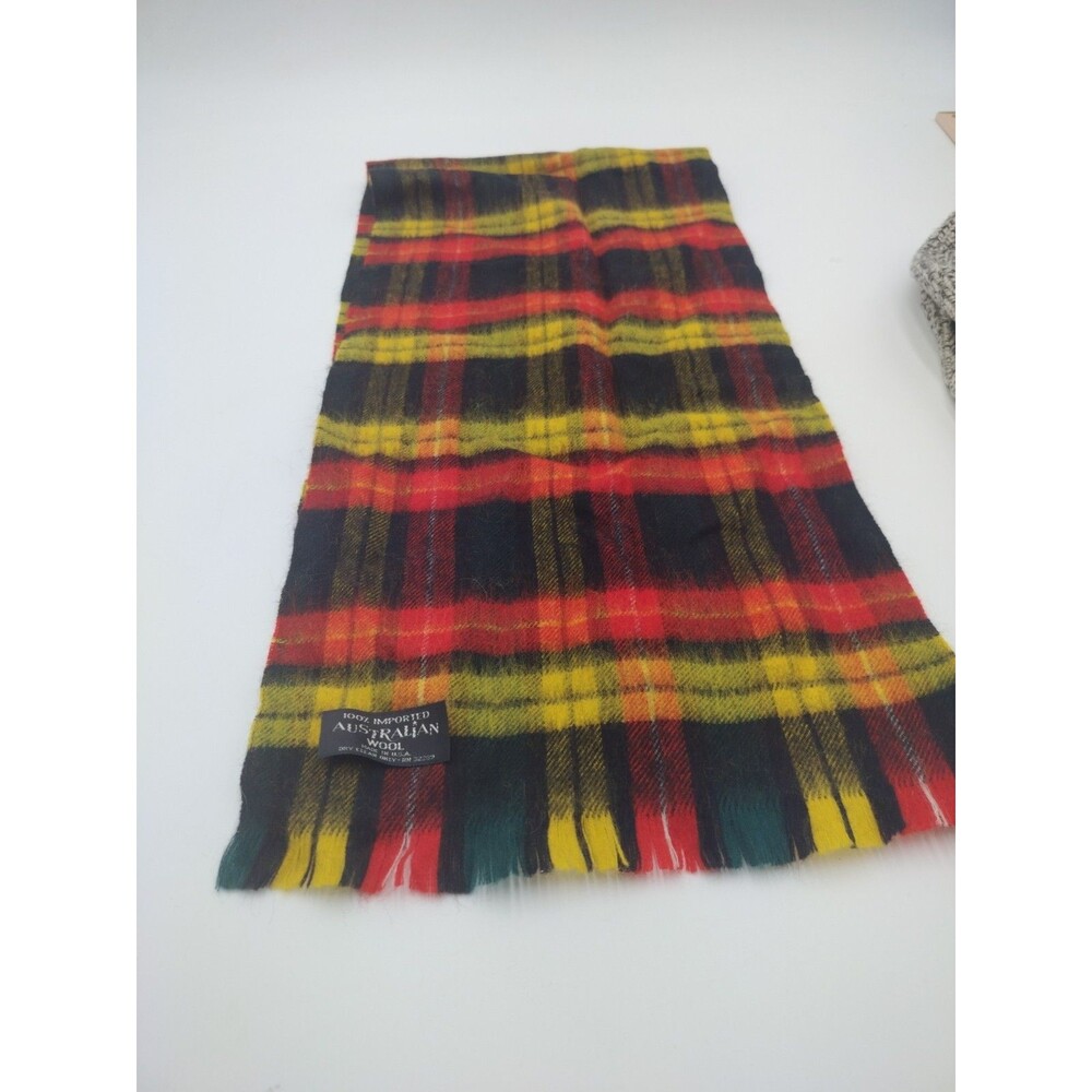 VTG Mens Scarf  Plaid Australian Imported Wool Made in USA Green Yellow Red